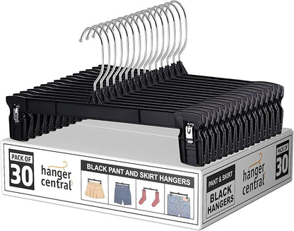 30 Pack Pants Hangers Slim Plastic Clothes Hangers with Clips for Skirts, Shorts & Trousers – Non Slip Grip, Heavy Duty Space Saver with Swivel Hook – Black Closet Organizer - 10 Inch