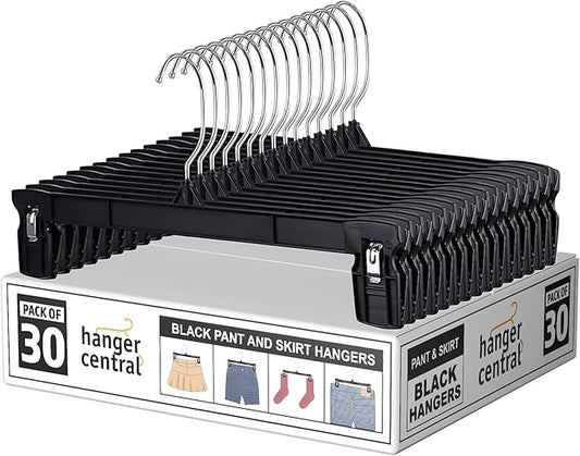 30 Pack Pants Hangers Slim Plastic Clothes Hangers with Clips for Skirts, Shorts & Trousers – Non Slip Grip, Heavy Duty Space Saver with Swivel Hook – Black Closet Organizer - 10 Inch