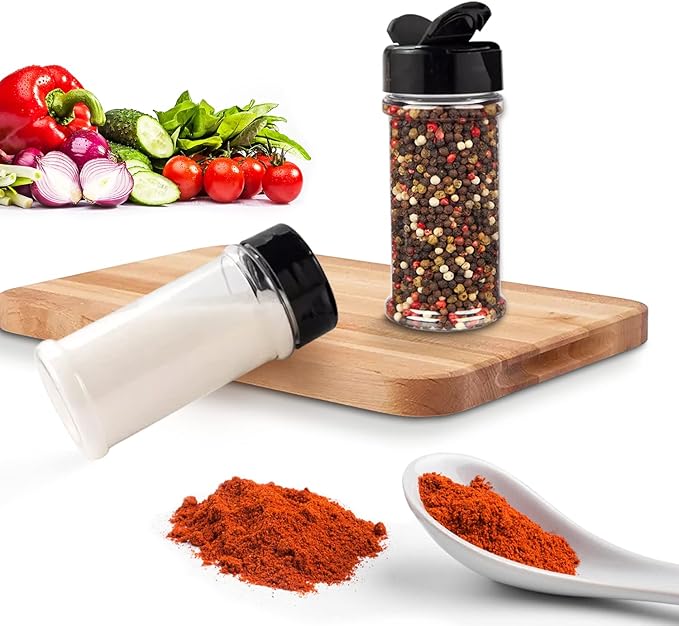 RoyalHouse 6 Pack 5.5 Oz Plastic Spice Jars with Black Cap, Clear and Safe Plastic Bottle Containers with Shaker Lids for Storing Spice, Herbs and Seasoning Powders, BPA Free, Made in USA