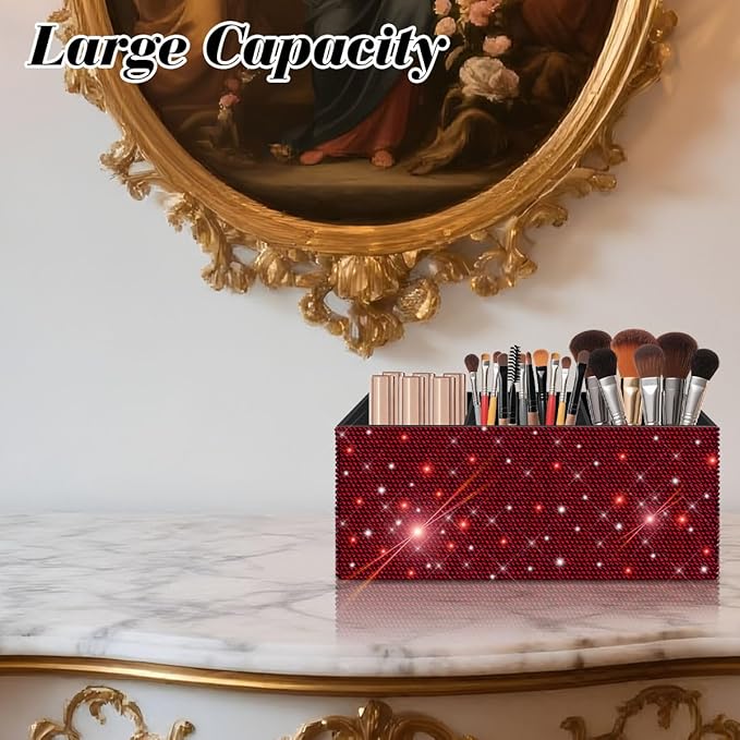 Bling Makeup Brush Holder Organizer, 3 Slot Sparkle Cosmetics Brushes Storage Holders with Shiny Rhinestones, Glitter Cute Pen and Pencil Holder for Desk, Eyeliners Display Case for Vanity（Wine Red）