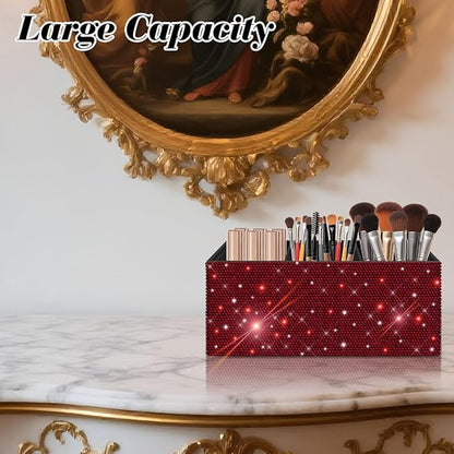Bling Makeup Brush Holder Organizer, 3 Slot Sparkle Cosmetics Brushes Storage Holders with Shiny Rhinestones, Glitter Cute Pen and Pencil Holder for Desk, Eyeliners Display Case for Vanity（Wine Red）