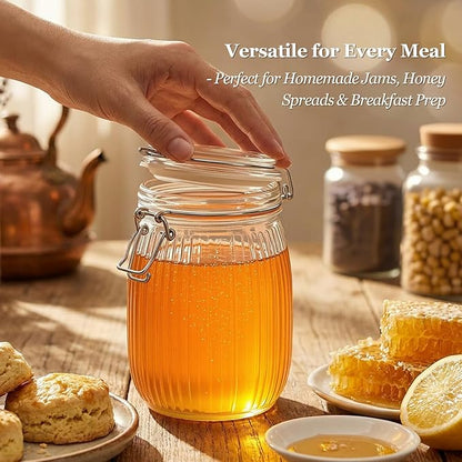ComSaf 34oz Ribbed Glass Jars with Airtight Latch Lids - Set of 3 Farmhouse Vintage Canisters for Coffee, Sourdough Starter, Dry Goods & Fermenting, Pantry Organization & Kitchen Decor