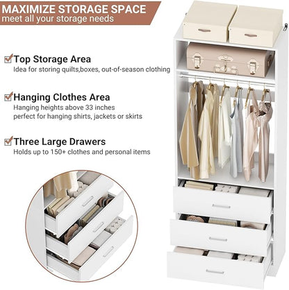 Besiost Freestanding 2FT Closet System with 3 Wood Drawers, 24" Closet Organizer System with Hanging Rod & Shelves, Walk-in Closet Systems for Small Closets, White (24"L x 15" W x 80" H)