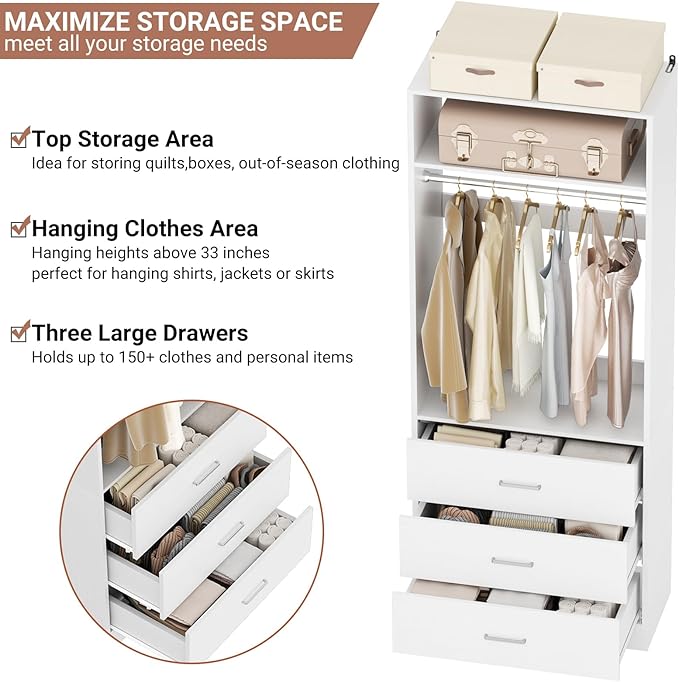 Besiost Closet System Set of 2, 4FT Closet Systems with 6 Wood Drawers, 48" Closet Organizer System with 2 Hanging Rods & 2 Shelves, Heavy Duty 48 Inch Walk-in Closet , White (48"L x 15" W x 80" H)