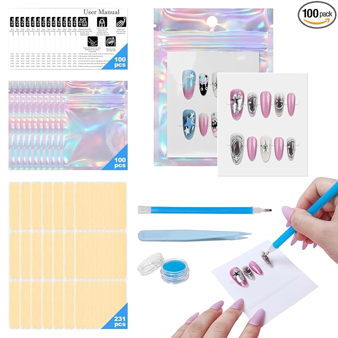 100PCS Press on Nail Packaging Bag, 100PCS Display Card with 231 Pcs Pre-cut Adhesive Tape & Diamond Art Pens & Glue Clay & Tweezers, 6-in-1 Set for Nail Display (Laser-white card)
