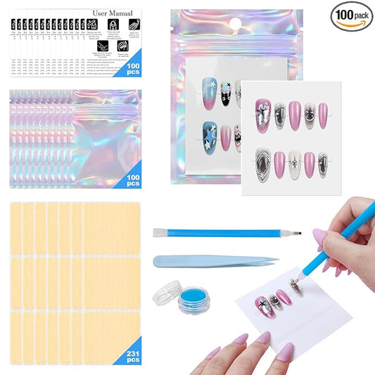 100PCS Press on Nail Packaging Bag, 100PCS Display Card with 231 Pcs Pre-cut Adhesive Tape & Diamond Art Pens & Glue Clay & Tweezers, 6-in-1 Set for Nail Display (Laser-white card)