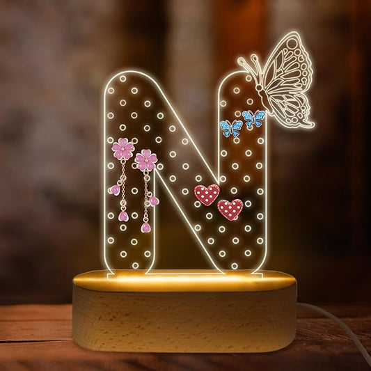 COSHAYSOO Initial Acrylic Earring Holder Organizer for Women Teen Girls with Butterfly Decoration LED Night Light Gifts Personalized Nursery Decor Teacher Nurse Appreciation Jewelry Stand Letter N