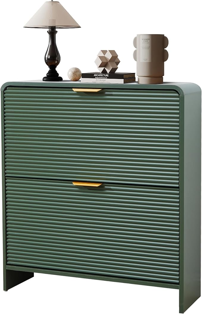 RARZOE Set of 2 Fluted Shoe Storage Cabinets for Entryway, Narrow Curved Shoe Cabinet with 2 Flip Drawers, Wood Hidden Shoe Organizer Closed Shoe Rack Cabinet for Foyer,Hallway (29.5''Green)