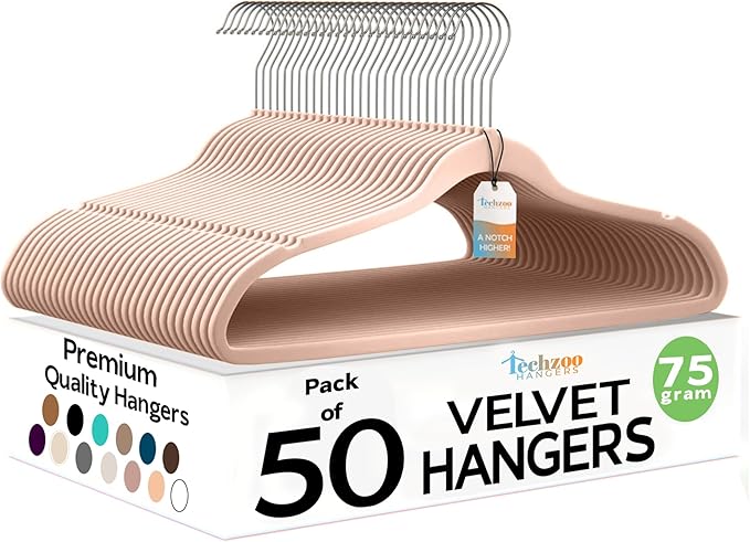 Techzoo 50 Pack New Premium Quality Velvet Hangers Ultra Thin Non Slip Adult Felt Space Saving Hangers for Closet Heavy Duty Coat Pants Jackets Dress Hangers 360° Swivel Hook Hold Upto 10lbs Rose Gold