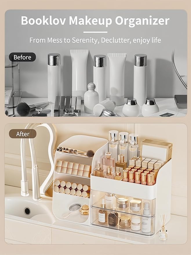 Booklov Makeup Organizer for Vanity, Countertop Cosmetic Display Case with Clear Acrylic Drawers, Bathroom Counter Beauty Caddy, Cute Table Storage Holder for Skincare, Brush Lipsticks, Crystal White