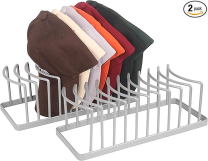Hat Organizer for Baseball Caps - 2 Pack Space Saving Hat Stand Hold 20 Caps - Premium Metal Hat Rack for Baseball Caps Display & Organizer - No Install Hat Holder for Closet (Grey)