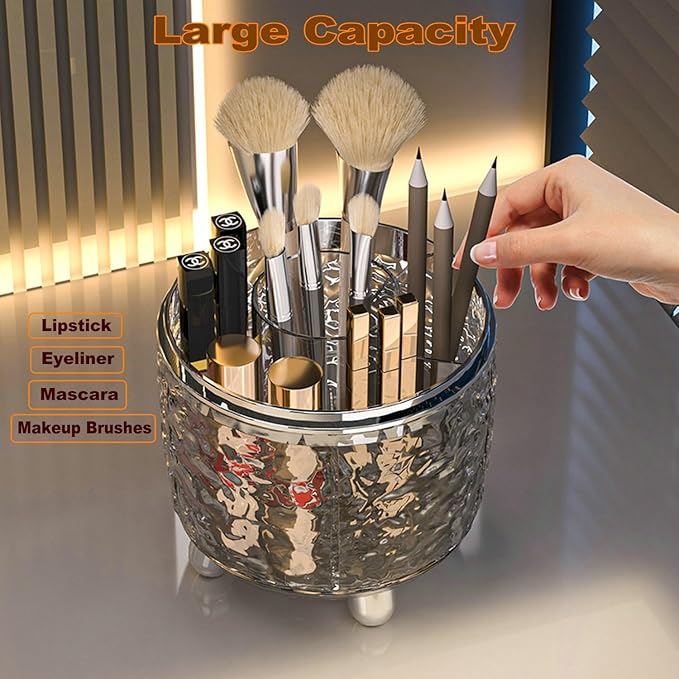 CHIRISEN 360 Rotating Makeup Brush Holder with Lid Dustproof Spinning Brush Storage for Bathroom Countertop, Cosmetic Tools Organizer with Cover for Vanity (Clear)