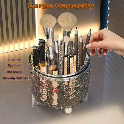 CHIRISEN 360 Rotating Makeup Brush Holder with Lid Dustproof Spinning Brush Storage for Bathroom Countertop, Cosmetic Tools Organizer with Cover for Vanity (Clear)