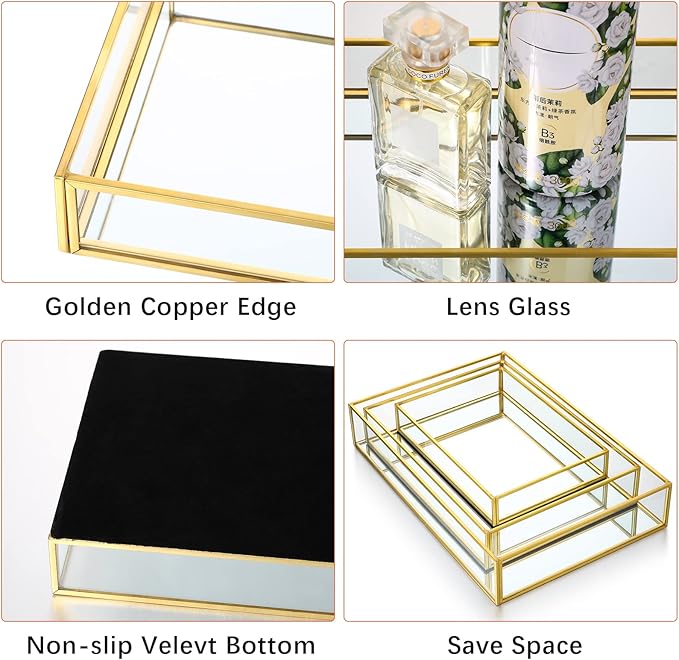 Jetec 3 Pieces Mirror Glass Vanity Tray Gold Ornate Makeup Tray Metal Vintage Octagonal Perfume Dresser Trays for Dresser Bedroom Bathroom Hotel, 3 Sizes