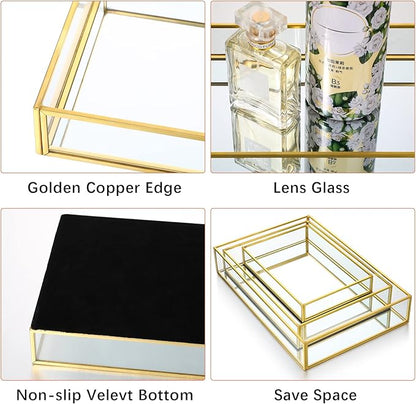 Jetec 3 Pieces Mirror Glass Vanity Tray Gold Ornate Makeup Tray Metal Vintage Octagonal Perfume Dresser Trays for Dresser Bedroom Bathroom Hotel, 3 Sizes