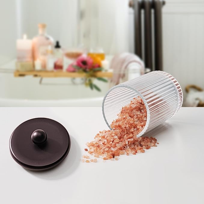 SheeChung 2-Pack Bronze Ribbed Glass Qtip Holder - Apothecary Jars Bathroom Organizer with Metal Lids - Countertop Vanity Canister Set for Cotton Swabs, Rounds, Pads, Floss Picks