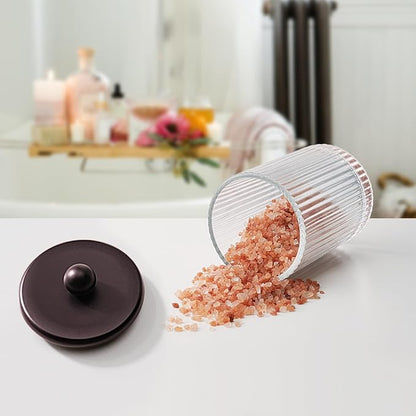 SheeChung 1Pack Glass Qtip Holder - Apothecary Jar Bathroom Organizer with Metal Lid - Small Vanity Canister for Cotton Swabs, Rounds, Floss Picks - Bathroom Glass Jar（Bronze Ribbed）