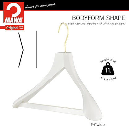 MAWA by Reston Lloyd, European Wooden Hanger, Beech Wood Body Form Hanger with Wide Supportive Shoulders, Rotating Hook, White Finish, for Shirts, Blazers, Pants, Dress Clothes, (27232), Set of 2
