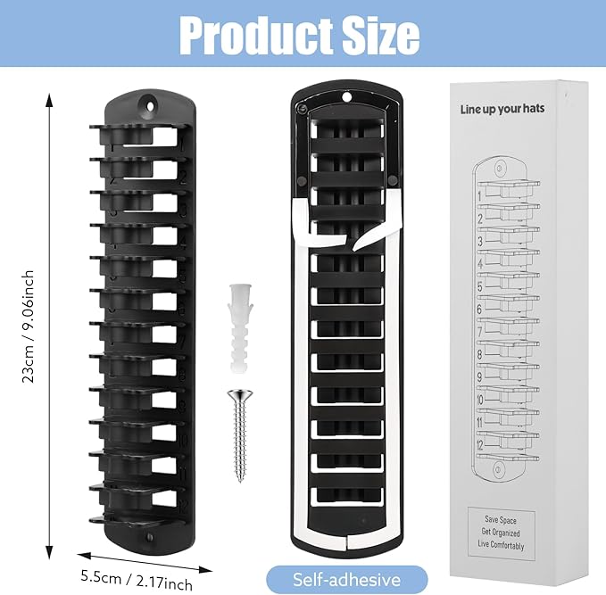 Dntorx Hat Organizer for Baseball Caps, 2 Pack Hat Rack for Wall Hold up to 20 Hats Adhesive Hat Hooks Stand Hat Hanger Organizer Storage Holder Display for Door Closet Bedroom