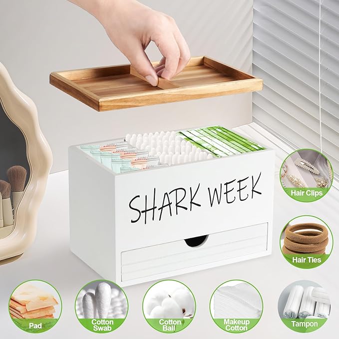 Tampon Holder for Bathroom, Feminine Product Organizer with Lid and Drawer, Wood Shark Week Tampon Storage, Lady Stuff Box for Bathroom Accessories and Toilet Organizer