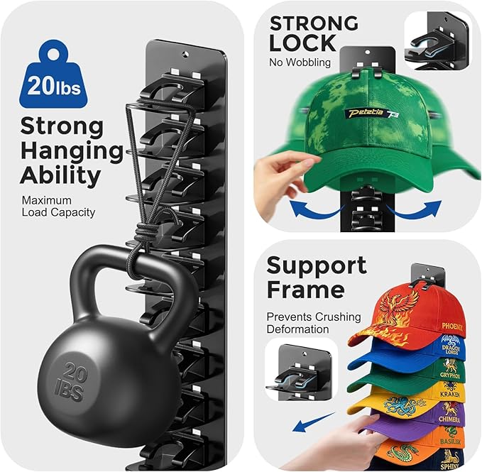 2 Pack Hat Hook Organizer for Baseball Caps, Hat Hanger Holder for 20 Caps, Wall Hat Rack with Strong Adhesive, Multilayer Cap Storage Hooks for Closet Door and Bedroom (Style C-Black)