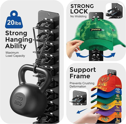 2 Pack Hat Hook Organizer for Baseball Caps, Hat Hanger Holder for 20 Caps, Wall Hat Rack with Strong Adhesive, Multilayer Cap Storage Hooks for Closet Door and Bedroom (Style C-Black)