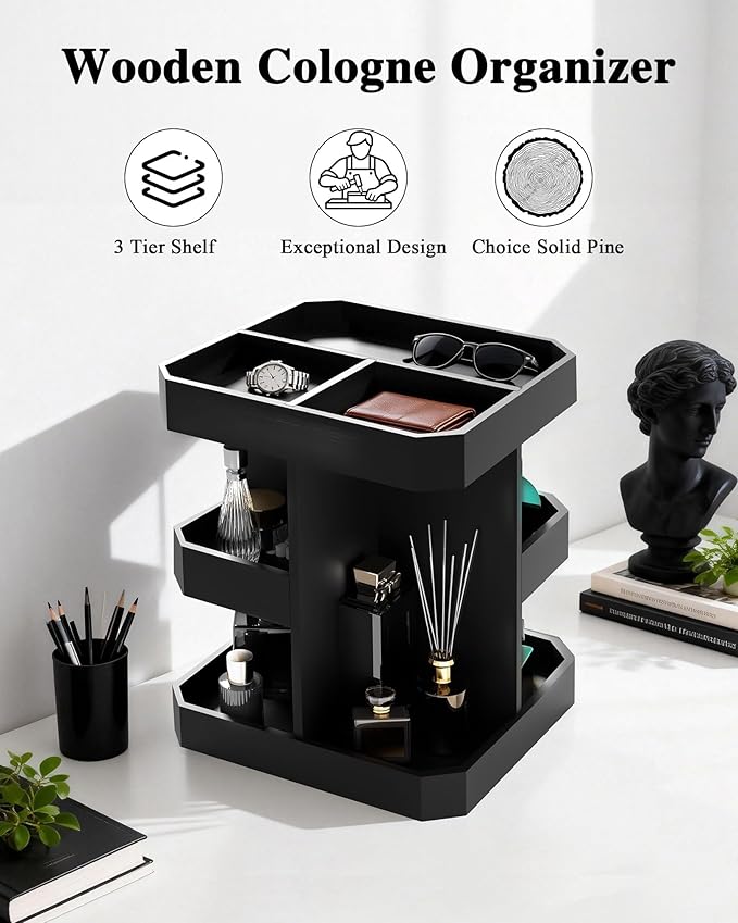 HWZ Wooden Cologne Organizer for Men, Cologne Stand, 360 Rotating, Massive 3 Shelf Storage Unit, Elegant Display Holder for Perfume & Accessories, Bedroom Essentials, Ideal Gift for Loved ones
