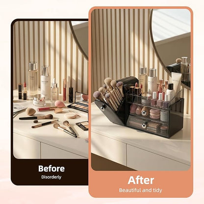 Makeup Organizer with Dustproof Brush Holder, Large Capacity Skincare & Cosmetic Storage for Vanity, 3-Tier Bathroom Countertop Organizer with Drawers for Perfume, Lipstick, Mask, Ideal Gift (Black)
