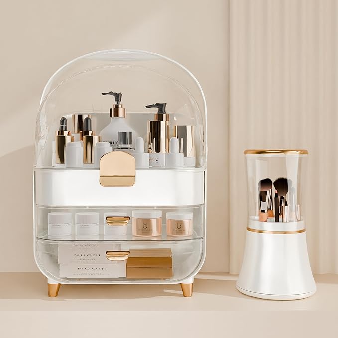 Makeup Organizer Countertop With Lid And Drawers Large Skin Care Cosmetic Display Case Holder for Vanity Desk Bathroom Storage Box Gift for Women Teens Girls,White With Brush Holder