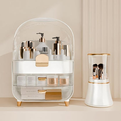 Makeup Organizer Countertop With Lid And Drawers Large Skin Care Cosmetic Display Case Holder for Vanity Desk Bathroom Storage Box Gift for Women Teens Girls,White With Brush Holder