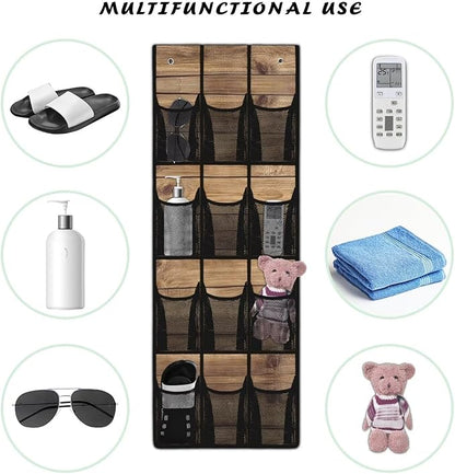 Wood Pattern Door Hanger Organizer 12 Pockets Behind The Door Organizer for Living Room Brown Wall Hanging Storage Easy to Install Multi-Funtion Storage Bag for School