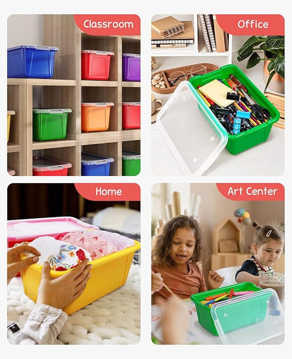 GAMENOTE 6 Quart Storage Bins with Lids, Plastic Latching Box for Classroom & Kids Toy Storage,Stackable Shoe Box Size Containers for STEM Morning Tubs, Crafts & Building Blocks (12, Colorful)