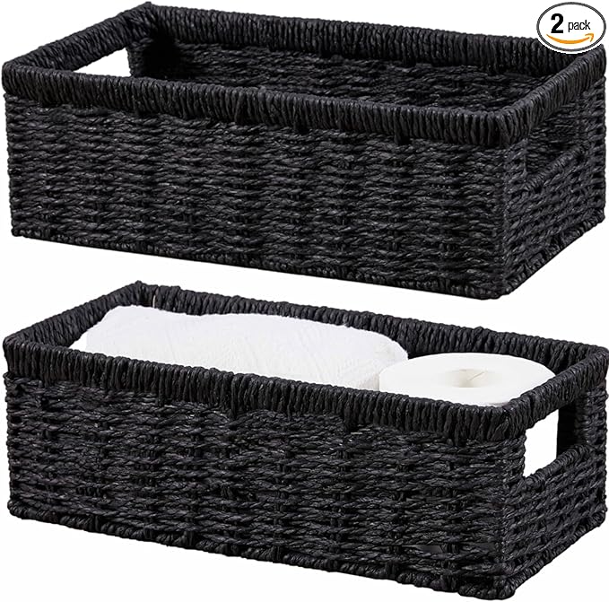 Vagusicc Wicker Storage Basket, Paper Rope Wicker Baskets with Handles, Toilet Paper Basket for Toilet Tank Top, Small Wicke Baskets for Organizing Shelves, 2-Pack, Black