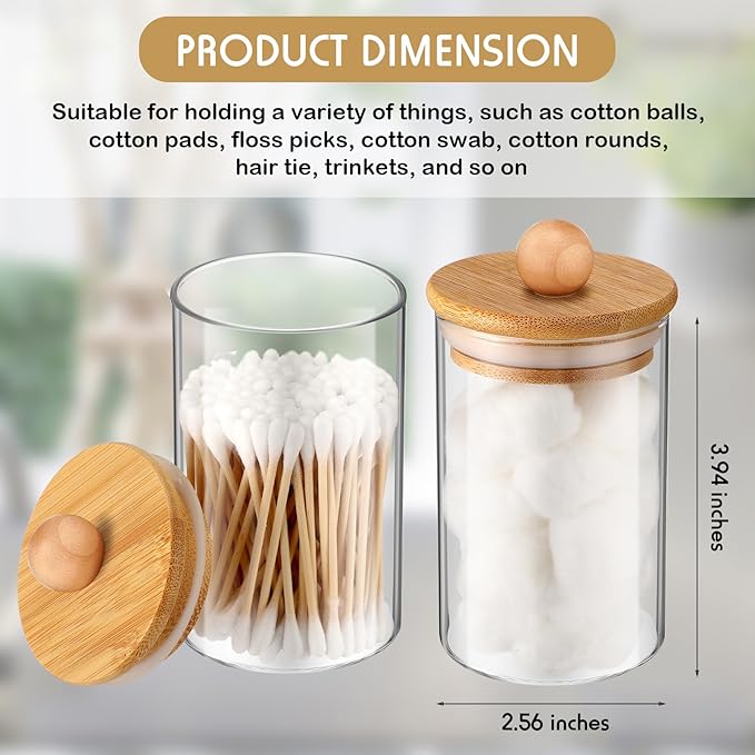 6 Pack Glass Apothecary Jars with Lids Bamboo Bathroom Accessories Cotton Balls Pads Swabs Holder Jar Bathroom Canisters for Vanity Accessories Storage