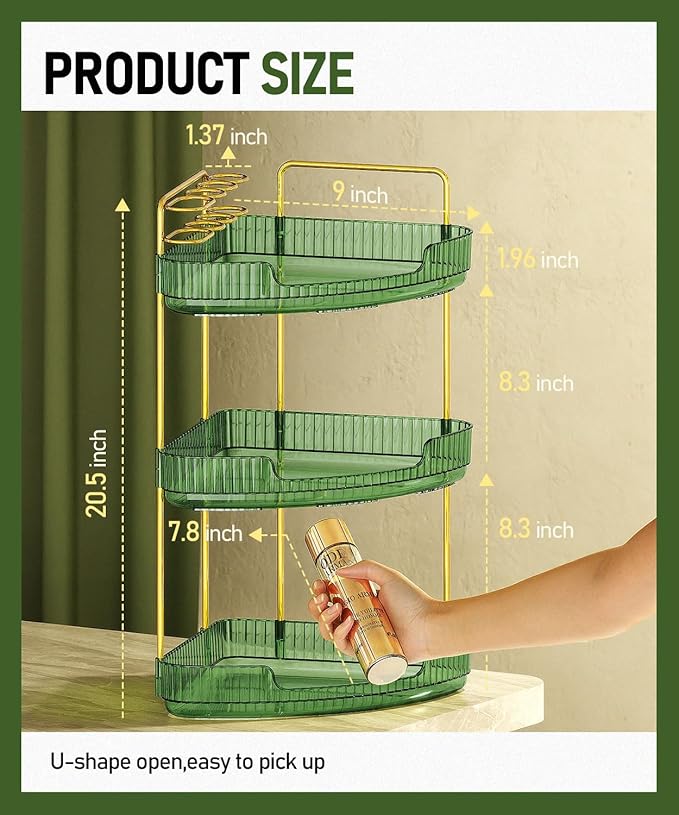 EUHOME 3-Tier Corner Bathroom Counter Organizer Makeup Cosmetic Storage, Tool-Free Installation Acrylic Vanity Shelf, Skin Care Organizer Perfume Tray for Countertop Bathroom, Dresser, Kitchen (Green)