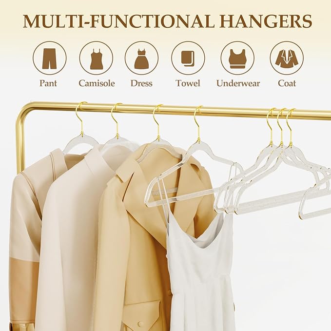50 Pack Clear Plastic Hangers with Gold Glitter, Acrylic, Ultra Slim, Space Saving, for Coats, Pants, Suits, Shirts, Skirts, Dress Clothes