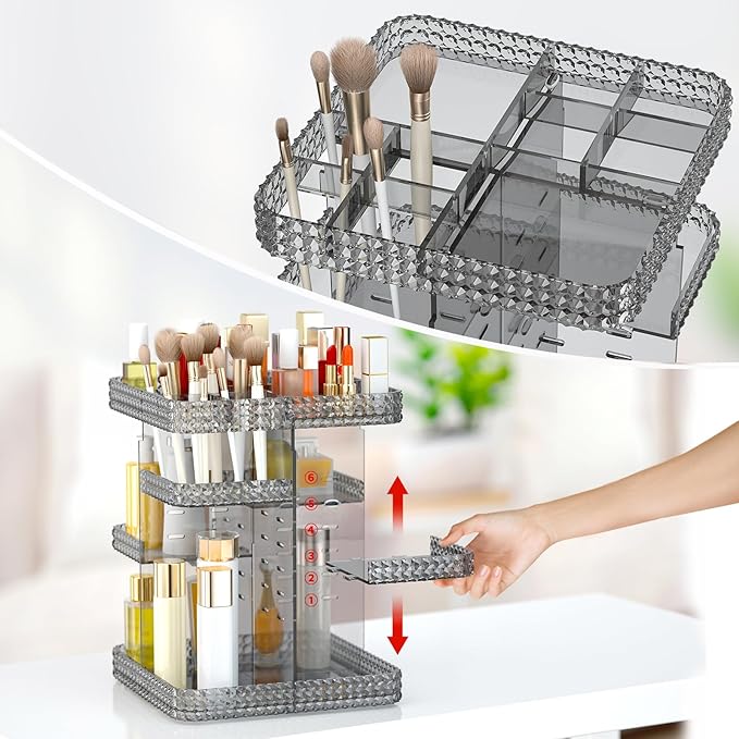 Rotating Makeup Organizer, Large Capacity Cosmetic Display Case, Acrylic Skincare Organizer with Makeup Brush, Makeup Storage Organizer for Dresser Countertop and Bathroom Vanity - Grey