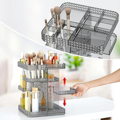 Rotating Makeup Organizer, Large Capacity Cosmetic Display Case, Acrylic Skincare Organizer with Makeup Brush, Makeup Storage Organizer for Dresser Countertop and Bathroom Vanity - Grey