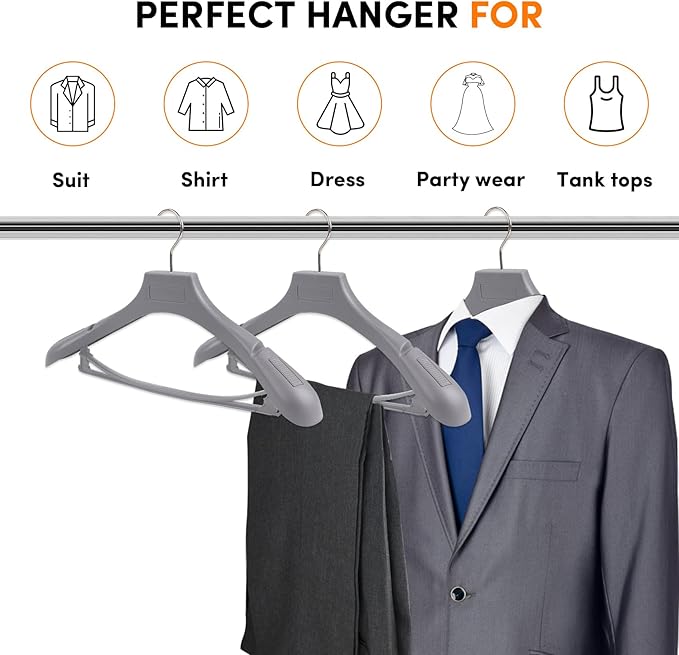DEDU Suit Hangers for Men 40 Pack, Grey Coat Hangers Extra Wide Non Slip Width 17.7", Thick Plastic with Pants Bar & Metal Hook