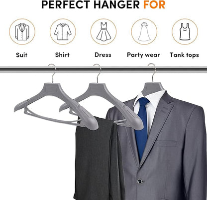 DEDU Suit Hangers for Men 40 Pack, Grey Coat Hangers Extra Wide Non Slip Width 17.7", Thick Plastic with Pants Bar & Metal Hook