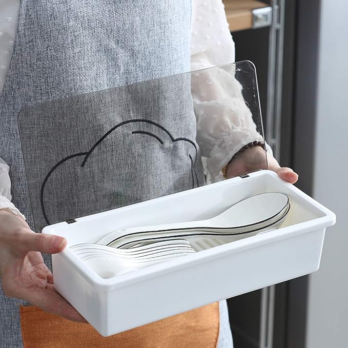 White Flatware Tray Kitchen Drawer Organizer With Lid And Drainer - Plastic Kitchen Cutlery Tray and Utensil Storage Container with Cover - 11.0 Inch Silverware Holder Drawer Organizer