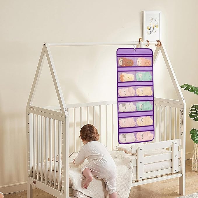 Dual-sided Hanging Baby Shoes Organizer Closet Toddler Shoe Storage Holder for Kids Bow Socks Underwear (PURPLE)