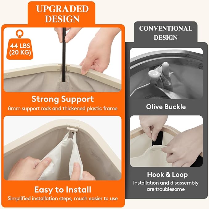 Lifewit 185L Large 3 Section Laundry Hamper with Lid, Plastic Laundry Basket with Bamboo Handles and Removable Bags, Tall Foldable Clothes Hamper for Bathroom Bedroom, Beige