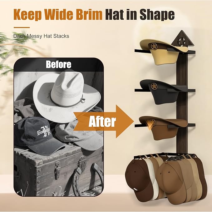 Cowboy Hat Rack -Cowboy hat holder for wall With Heavy- Organize and Display Your Hats with Ease, Wall Mounted Hat Hanger Western Decor for Cowgirl Hats- Ideal Western Decor