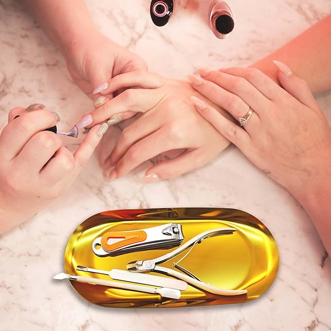 Nail Tools Gold Tray for Decor Manicure Accessory Storage Display Tray Jewelry Rhinestone Dish Cosmetics Organizer Oval Nail Art Decorative Small Storage Plate