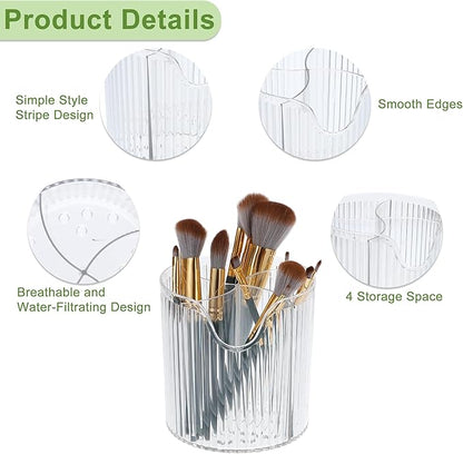 VOCOSTE Makeup Brush Cup, Makeup Organizer, 4 Slot Makeup Brush Holder, Cosmetics Storage Cup, for Vanity for Desktop, for Bathroom Countertops, Clear White