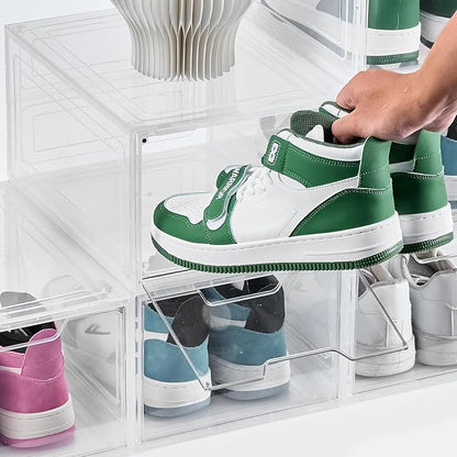 VEVOR Shoe Storage Boxes, 6 Pack Clear Stackable Shoe Boxes Storage Organizers with Magnetic Door, Fit up to US Size 13, Plastic Sneaker Containers for High Heels, Boots, and Hats, Transparent White