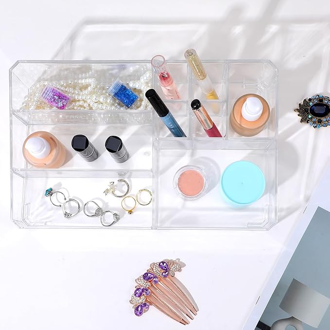 Acrylic Cosmetic Organizer, Transparent Plastic Makeup Holder, Compartmented, Shatter-Proof, Perfect Bathroom Vanity Storage Solution for Beauty Supply, Large