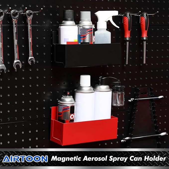 2PCS Magnetic Aerosol Spray Can Holder, Magnetic Bottle Holder for Garage, Workspace and Home, Red and Black
