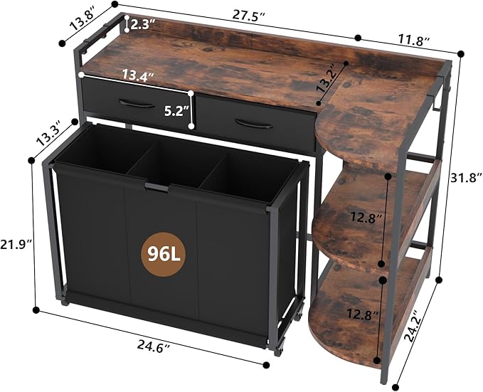 STIKELY L Shaped Laundry Hamper Laundry Basket with 3 Section Pull-Out Rolling Bags & 3-Tier Storage Shelf, Laundry Sorter for Organization and Storage with 2 Drawers for Laundry Room